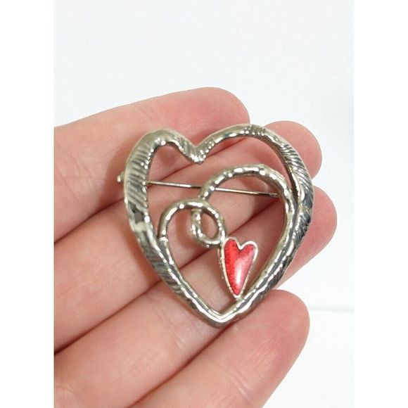 Heart Shaped Silver Toned Red Enamel  Multi Heart Brooch Pin - Love Valentine's - Picture 6 of 9